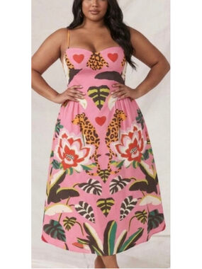 NWOT Nice To Meet You Midi Dress with PocketsXL Pink Orange Leopard Floral Print